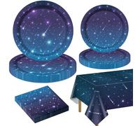 QUERICKY Décorations de fête dans l’espace pour 20 invités, l’ensemble de vaisselle comprend des assiettes en papier Nuit étoilée, des serviettes, une nappe pour l’anniversaire des enfants