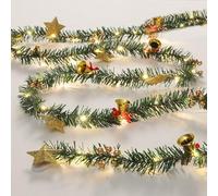 Queta Guirlande de Noël artificielle avec clochette, étoiles, baies et lumières LED pour porte, escaliers, cheminées, couronne de Noël 2,6 m