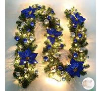 Queta Guirlande de Sapin Décoration Noël Guirlande avec Boules Couronne de Fleurs Boule avec LED lumière pour Porte Entrée 270cm (Bleu)