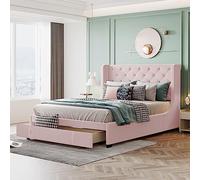 Queta Lit rembourré 140 x 200 cm avec sommier à Lattes, Dossier et Grands tiroirs, lit Double pour Adultes et Jeunes en Tissu Pro-Linen, Rose (Matelas Non Inclus)