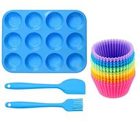 Queta Moule à Gâteau en Silicone Mini Moule à Muffins avec 12 Tasses de Muffins Réutilisables, Spatule et Pinceau Parfait pour Muffins, Cupcakes, Brownies, Gâteaux, Pudding etc.