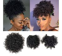 Queue de cheval afro avec cordon de serrage avec frange afro bouffante avec frange courte remplaçable afro crépus bouclés et frange printanière clip en cheveux ananas 1B 1 Bun+2 Bangs