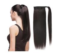 Queue de cheval brésilienne enroulée autour de la queue de cheval 100% cheveux humains lisses Remy avec clips Pour un usage quotidien(Black Straight,24inch 120g)