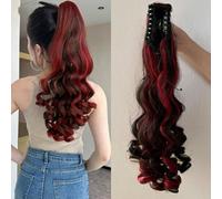 Queue de cheval, Extension queue de cheval synthétique à pinces 26 pouces, cheveux raides ondulés, extensions clip, doux, multicolore en option,Extensions de cheveux(Red+brownish black)