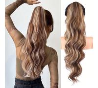 Queue de cheval, Extension queue de cheval synthétique à pinces 26 pouces, cheveux raides ondulés, extensions clip, doux, multicolore en option,Extensions de cheveux(Brown+white+gold)