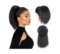 Queue de cheval Postiche queue de cheval crépue droite 10"Afro Puff Yaki Extension avec cordon serrage synthétique cheveux courts fausse for femmes Coiffure(Natural Black Mixed Wine Red)
