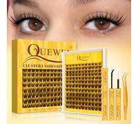 QUEWEL Kit Extension Cils en grappe avec bande fine de 0,03 mm, 132 Faux Cils manga waterproof, kit de faux cils natural avec colle et pince à épiler, facile à porter et longue tenue (FD-0.03-B)
