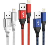 Quewl-Lot De 3 Câbles De Charge Pour Iphone - Certifié Mfi - Câble Usb Vers Lightning En Nylon Tressé Pour Iphone 14,13,12,11 Xs Xr X Pro Max,Mini 8,7,6s,6 Plus,5s,Se (Rouge,Bleu,Argent)