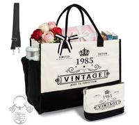 Quferuy Coffret cadeau d'anniversaire pour femme, kit de célébration 3 pièces avec sac fourre-tout en toile, pochette de maquillage, porte-clés pour maman, épouse, grand-mère, sœur, cadeau
