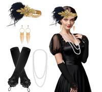 Quferuy Ensemble d'accessoires Gatsby des années 1920-1920 pour femme, avec bandeau à plumes dorées, longs gants en satin, collier de perles et boucles d'oreilles, pour déguisement, fête Gatsby le