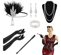 Quferuy Lot de 6 accessoires Charleston des années 1920-1930, pour femme, avec bandeau à plumes, collier de perles, bracelet, boucles d'oreilles, gants longs en satin et porte-cigarette pour femme