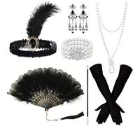 Quferuy Lot de 7 accessoires de costume Charleston des années 1920, pour femme, tenue de déguisement Gatsby le Magnifique avec bandeau, collier de perles, bracelet, boucles d'oreilles, gants