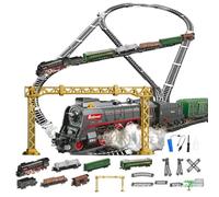 Quibuilds Ensemble de train électrique de Noël télécommandé avec chariot et longue piste, modèle de locomotives avec fumée, lumières et effets sonores, accessoires riches, excellent cadeau pour