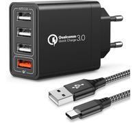 Quick Charge 3.0 Chargeur Mobile Mural Usb Avec Câble Type C 30 W 4 Ports Avec Secteur Usb Charge Rapide Pour Samsung Galaxy S10e/S9/S8/Note8, Huawei P20, Xiaomi(Noir)