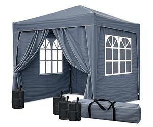 QUICK STAR Tonnelle Pop Up Gris fumé 2,5 x 2,5 m avec 4 parois latérales Easy-Klett et 4 Poids de Pieds
