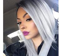 quickwig Perruque ombrée courte et raide au carré noir à gris, perruque colorée pour filles et femmes, longueur épaule, perruque synthétique pour Halloween, cosplay, fête, 35,6 cm