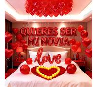 Quieres Ser Mi Novia Ballons décoratifs rouges avec lettres de l'alphabet Love - Ballons en forme de cœur - 1 000 pétales de rose artificiels - 24 bougies LED sans flamme pour décoration romantique et