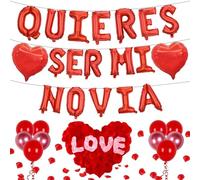 QUIERES SER MI NOVIA Ballons rouges de 40,6 cm en forme de cœur avec 1200 pétales de rose artificiels pour décoration de Saint-Valentin