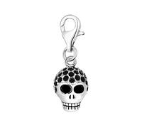 Quiges Charm Pendentif Breloque avec Fermoir Femme Plaqué Argent Crâne 3D en Zircone Noire
