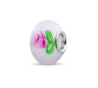 Quiges Drops Femme Perle de Verre de Murano Charm Blanc avec Roses Rose sur la Branche Vert