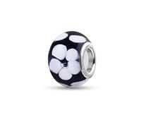 Quiges Drops Femme Perle de Verre de Murano Charm Noir avec Fleur Blanc