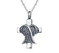 Quiges Pendentif Unisex Memorial Urne pour les Cendres en Acier Croix à Ailes Inoxydable avec Collier de Chaîne Réglable de 46 à 52 cm