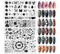 Quilax Lot de 4 plaques de stamping pour ongles - Éléments fantaisies - Pour nail art - Accessoire de décoration d'ongles - Style : plante/feu/animal/dentelle/plumes