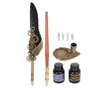 Quill Pen and Ink Set, Feather Dip Calligraphy Pen with Stainless Steel Nib, Retro Punk Style Writing Kit with 4 Nibs and 2 Ink Bottles for Home School Office Use (Noire)