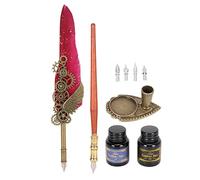 Quill Pen and Ink Set, Feather Dip Calligraphy Pen with Stainless Steel Nib, Retro Punk Style Writing Kit with 4 Nibs and 2 Ink Bottles for Home School Office Use (Rouge)