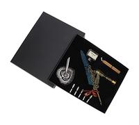 Quill Pen Set with Metal Penholder, Vintage Dip Pen Kit with Flat Nib 1 - 5 mm, Stainless Steel Engraved Feather Pen for Gothic Italian Calligraphy Writing (SP285733 parsemé d'or et de bleu marine)