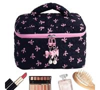 Quilted Makeup Bag, Aesthetic Cute Bow Quilted Pouch 22.5x15x15cm, Cosmetic Holder Case, Reusable Makeup Storage Organizer, Large Capacity for Toiletries and Travel