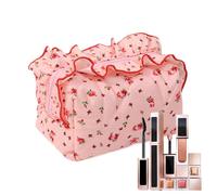 Quilted Makeup Bag, Ruffled Floral Makeup Organizer, Portable Cosmetic Organizer Pouch, Aesthetic Storage Zipper Purse for Girls and Women, Stylish Travel Accessory