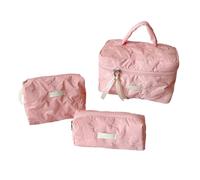 Quilted Makeup Bag Set with Bow Print Design for Women, Large Capacity Travel Toiletry Organizer with Zipper (3pcs-I)