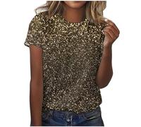 Quin Hauts pour femmes T-shirts amples décontractés scintillants mignons T-shirts brillants Coupe ample T-shirt sexy scintillant T-shirt tendance strass 2026 col rond manches courtes Club été, gris