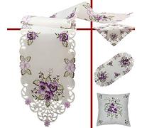 Quinnyshop Nappe de table brodée avec motif pensées violettes - Taille au choix - Polyester - Blanc (40 x 90 cm)