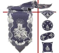 Quinnyshop Noel Bougie et Cloche argentée Chemin de Table 45 x 110 cm Ovale Optique de Lin Polyester, Bleu foncé