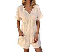 QUINTRA Combinaison femme à la mode avec col en V fixe et fermeture éclair pour dormir pour femme d'hiver, Beige., XL