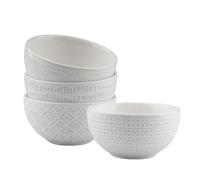 quiodok Lot de 4 Bols Petit Dejeuner en Porcelaine, Bols à Soupe et à Céréales en Céramique Blanche, Petits Bols avec Motif en Relief pour Dessert, Aperitif, Ramen, Riz, Fruits (11.5 x 5.8cm)