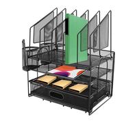 QUIOTUIR Organisateur de Bureau en Fer avec Tiroir et 2 Porte-stylos Rectangulaire Rangement Bureau Organisateur pour Stocker Documents, Livres, Lettres, Papier, Magazines, 32.6x22.8x41cm (Noir)