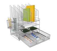 QUIOTUIR Organisateur de Bureau en Fer avec Tiroir et 2 Porte-stylos Rectangulaire Rangement Bureau Organisateur pour Stocker Documents, Livres, Lettres, Papier, Magazines, 32.6x22.8x41cm (Argent)