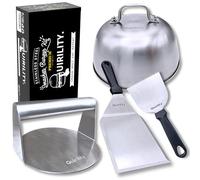 Quirility - Smash Burger Kit Professionnel. Acier INOX avec Certificat UE Contact Alimentaire - Presse Burger, Smasher Hamburger, Spatule Plancha, Cloche Plancha Burger (Premium)