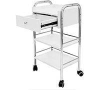 QUIRUMED Chariot avec tiroir et Deux étagères en Bois avec roulettes, Structure en Acier