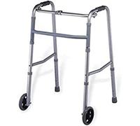 QUIRUMED Déambulateur en aluminium, pliable, robuste, extensible, réglable en hauteur, avec 2 roues, avec barre stabilisatrice, pour personnes âgées, Gris