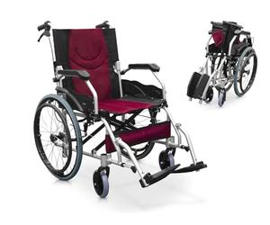 Quirumed - PRO LIGHT ALUMINIUM | Fauteuil Roulant Pliable en Aluminium | Léger & Résistant | Accoudoirs Fixes | Repose-Pieds Rabattables | Système de Freinage Manuel | Anneau Anatomique, Noir/Rouge