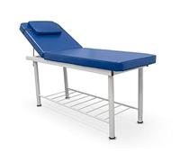 QUIRUMED Table de Massage Fixe, 2 Corps, avec Structure en Acier, Couleur Bleu, Similicuir, Trou Facial, Coussin, Porte-Rouleau, Plateau inférieur, Jusqu'à 180 kg
