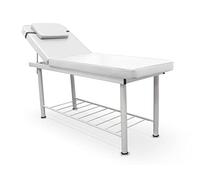QUIRUMED Table de Massage Fixe, 2 Sections, avec Structure en Acier, Couleur Blanc, Simili-Cuir, Trou pour Le Visage, Coussin, Porte-Rouleau, Plateau inférieur, jusqu'à 180 kg