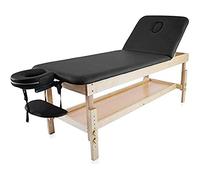 QUIRUMED Table de Massage Fixe en Bois avec Dossier et Plateau rabattables, Noire, 186 x 70 cm, Bois, Simili-Cuir, Hauteur réglable, Plateau pour accoudoirs, Trou pour Le Visage, jusqu'à 180 kg
