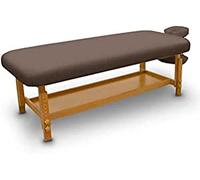 QUIRUMED Table de Massage Fixe en Bois pour Spa, Couleur Marron, lit de Massage, Simili Cuir, Hauteur réglable, tête Amovible, Plateau accoudoirs, revêtement Haute densité