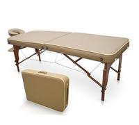 QUIRUMED Table de massage pour SPA, portable en bois, couleur sable, bois verni, simili cuir, rembourrage haute densité, hauteur réglable, pliable, tête amovible, jusqu'à 210 kg