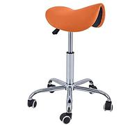 QUIRUMED Tabouret Pony 5 Roues, Base chromée, Couleur Orange, revêtement en Similicuir, réglable en Hauteur, léger, Design Ergonomique, pivotant, jusqu'à 150 kg